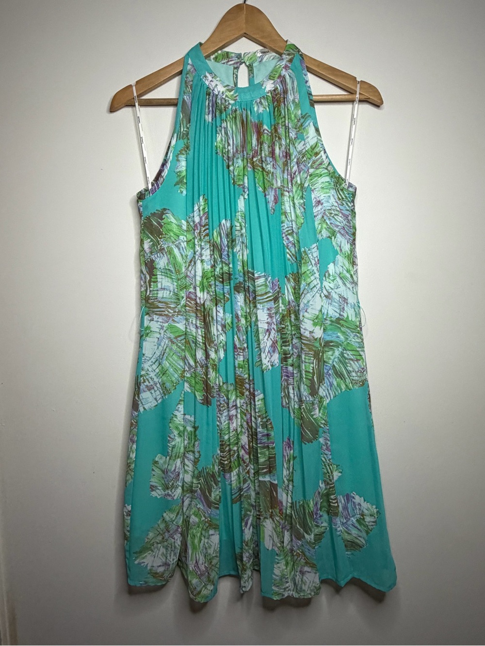 Lavand Aqua Tropical Print Pleated Shift Dress Sleeveless Boho